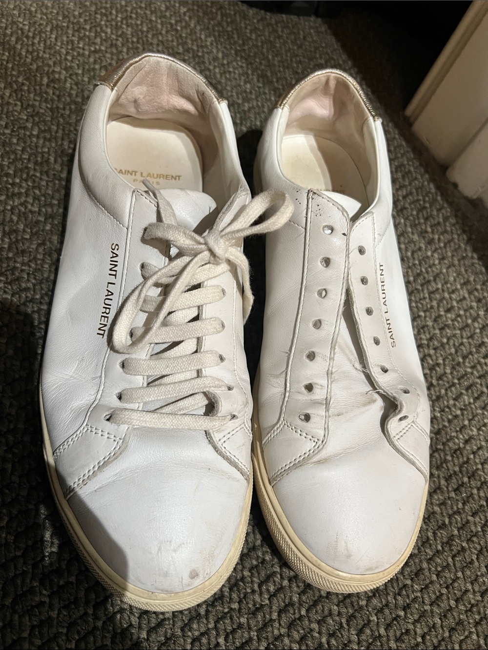 Saint Laurent White Leather Low-Top Sneakers with Gold Heel Tab